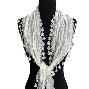 White Cotton Blend Scarf Shawl Lace Trim Fringe Goth Boho Romantic 9"x72"